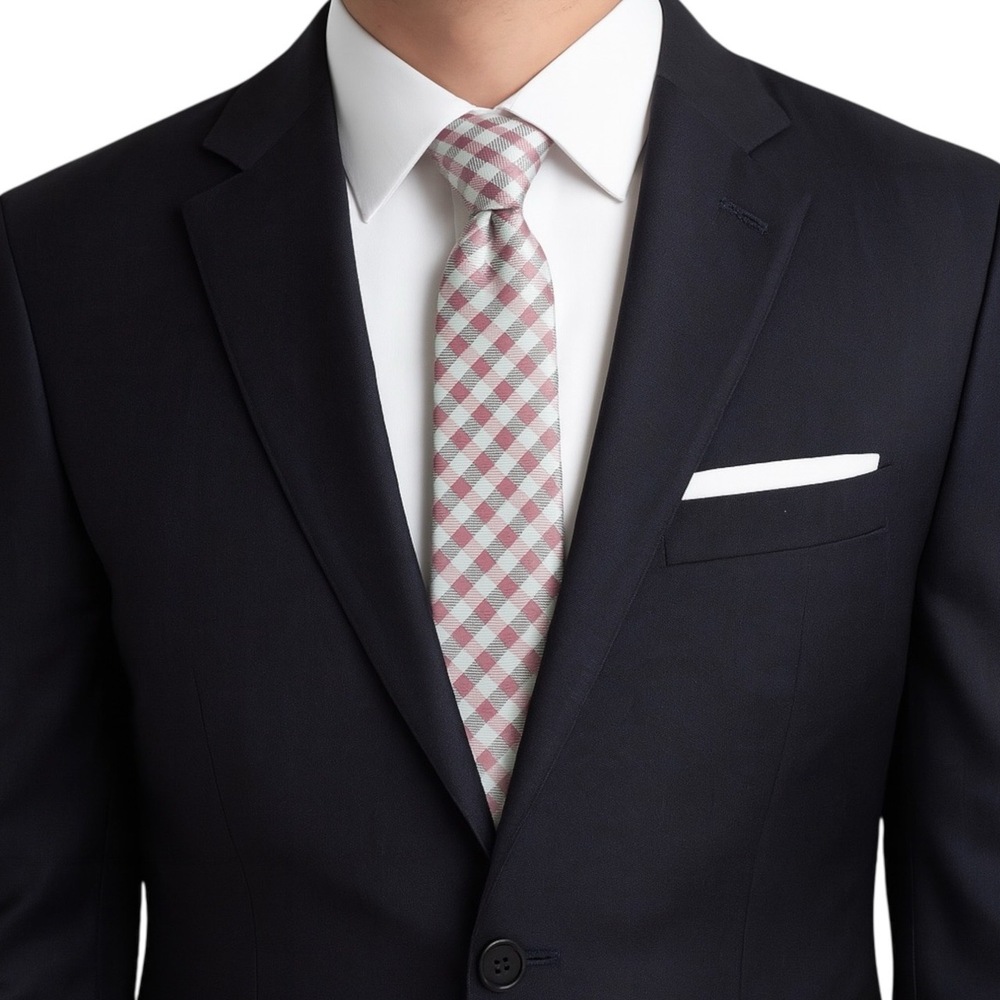 JF J. Ferrar Men's Necktie‎ Dusty Rose Pink Gray White Check Classic Length Tie